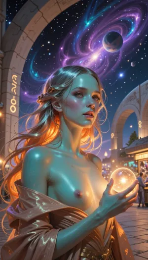Sumi-e, A detailed digital illustration created with professional digital painting software. The image features At the center of the composition is a radiant alien maiden from a distant galaxy, her skin shimmers with a soft turquoise luster, reflecting the warm glow of a faraway star. She gazes slightly upward, the colors of nebulae mirrored in her eyes, her expression blends curiosity with joyful wonder—as if she is poised to reveal a cosmic secret. Her hair, composed of gossamer strands resembling delicate metallic fibers, cascades over her shoulders in a flow of cadmium-orange light, catching the rays of the "golden hour" and creating a subtle, colorful halo. In the mid-ground, the outline of an alien plaza emerges, featuring smooth, curved stone arches adorned with faint, glowing runes that pulse gently, hinting at a bustling interstellar market just out of focus. The background recedes into an endless starry sky, where violet and turquoise nebular swirls spiral around a distant planet, evoking a sense of depth and boundless space. The lighting evokes the "golden hour" on an alien world, warm amber tones bathe the scene, casting soft, elongated shadows that accentuate the maiden's facial features and the folds of her flowing attire. A light haze of interstellar dust hangs in the air, catching tiny particles of light to form a delicate veil that enhances the atmosphere without obscuring details. The composition follows the rule of thirds, the maiden's eyes align with the intersection of lines in the upper-right quadrant, while the leading lines of the arches draw the viewer's gaze toward the glowing sphere held in her hands. The shot was taken using an 85mm f/1.4 lens, (medium shot), the shallow depth of field transforms the background nebulae into a soft, "creamy" bokeh while maintaining sharp focus on the main subject. The image is rendered in an impressionistic oil-painting style, featuring thick, visible brushstrokes in vibrant turquoise, ochre, and cadmium hues, as the central subject. The lighting is cinematic lighting creates a professional and polished look. Asymmetrical composition creates visual tension and interest. The color palette features vibrant saturated colors with bold contrasts and rich hues. The world is meticulously crafted with attention to every detail. The textures are every surface is rendered with meticulous attention to its unique character. A dreamlike, otherworldly quality establishes a unique mood. Every element is thoughtfully designed and rendered with care. The final piece is a visually stunning illustration that captivates the viewer., black ink, expressive brushstrokes, minimalist, fluid, gestural, dynamic, balanced