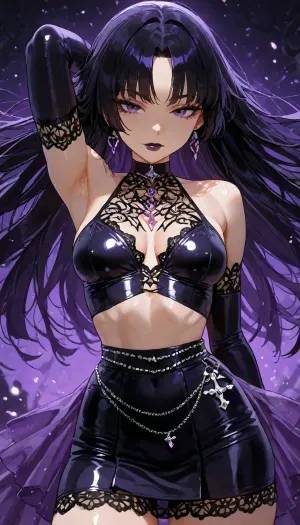 (((big perfect anime eyes:1))), black lipstick, 25 year old Filipina, ((dynamic pose portrait)), petite athletic toned firm body, purple goth badass witch, ethereal whimsy aesthetic, short nano skirt, goth lace and satin, <lora:add-detail-xl:1.2>, <lora:attractive_notrigger:1.2>, <lora:detailed_notrigger:1.2>, <lora:LCMTurboMix_Euler_A_fix:1.2>