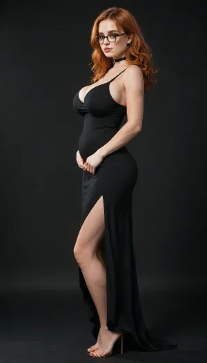 (((side view:1.8))), ((hot goth country girl)), (((soft lower belly))), (((Black background))), beautiful face, (((glasses))), natural huge breasts, ginger, redhead, bangs, wide hips, tan skin, horny expression, full lips, long length hair, bright green eyes, freckles, choker, sexy, tight tiny waist, flared hips, cute freckles, freckled face, freckled chest, freckled shoulders, delicious and seductive and sexy feminine, seductive crazed lustful look in her eyes, very long curly ginger red hair, black eyeliner, shy, blushing, sweaty, thick, hourglass figure, fit and curvy, slutty tan lines, Angel face, (((Bright Orange Dress))), <lora:tan-lines-xl-v1:.8>, <lora:add-detail-xl:.8>, <lora:SDXL_BetterFaces-LoRA_v1:.8>