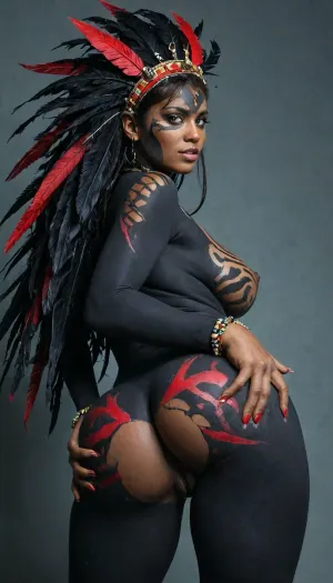 Hair, Short and straight, like the traditional cut, sometimes covered by a headdress of long, vibrant feathers, (red/yellow), . Makeup, Black body paint, (genipap), with geometric patterns covering a large part of the body/face. Bust/Body, Strong, average height, medium bust, (C), . Theme, Minimal clothing, total focus on the paint. Beaded accessories and bracelets., (giant breasts:1), (perfect pussy:1.7), (big ass:1.5)