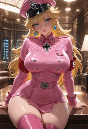 (masterpiece:1.4), best quality, absurdres, extremely detailed, (Princess Peach:1.5), long blonde hair with center triangular bang neat, blue eyes half-lidded, fair skin, soft pink lips slightly parted, elegant princess face, golden crown with red and blue jewels, voluptuous classic pin-up body with massive heavy breasts, soft thick waist, wide hips, thick thighs, (full pink leather Nazi uniform with red armband:1.5), form-fitting pink leather tunic and trousers, high stiff collar with rank tabs, polished pink leather belt and cross-strap, tall pink leather boots, iconic bright red armband with white circle and black swastika on the left upper arm, glossy leather texture that catches the light and clings tightly to the body, (smug dominant expression:1.3), raised eyebrow, half-smile, looking down at viewer, (sitting on counter:1.3), legs dangling slightly apart, one hand resting on her thigh, posture elegant and controlled, (luxury hotel room:1.2), large bed, city view through windows, elegant warm lighting, (art by sakimichan:1.3), (unreal engine 5 render:1.4)