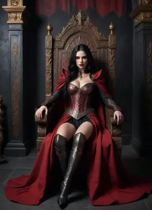 Queen, woman, old 60yrs, sat on big throne, wooden, carvings, Long black hair, heavy red gothic makeup, beautiful face, big breasts, gg cup, wearing brown shiny armour, red cape, holding broadsword, (1.6), in castle hall, dark moody lighting, dark grey walls, red flags with golden dragons hang from wall behind throne, Black stony floor