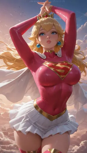 (masterpiece:1.4), best quality, absurdres, extremely detailed, (Princess Peach:1.5), long blonde hair, blue eyes, fair skin, voluptuous body, (Supergirl cosplay:1.55), tight pink suit with white cape, white skirt, pink boots, gold S shield on chest, standing with arms raised and hands clasped above her head, body in a gentle S-curve, (floating sky terrace above the clouds at sunrise:1.3), soft pink and gold light, endless sky, (art by sakimichan:1.3), (unreal engine 5 render:1.4)