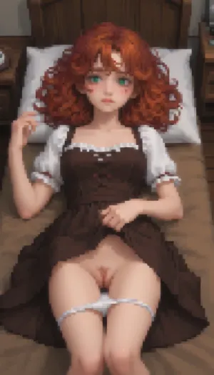 Pixel art stylized as a tired twenty‑year‑old girl, long curly red hair, green eyes, a round butt, medium breasts, average height, a tired face, wearing a brown medieval dress, in a tavern.

Lying on a wooden bed, in the light of a candle, she pulls her panties down with her hands, the panties slide down to her knees, she lifts her dress, revealing her hairy pussy, and you can see the juice flowing from it. She blushes and gets aroused.

Retro‑style pixel aesthetic, soft halftone shades, bright colours — sprite style inspired by 16‑bit graphics, pixel art., Pixel, Art, PixArFK, <lora:PixelArtRedmond-Lite64:1.8>, <lora:pk_trainer_xl_v1:1.8>, <lora:pixel-art-xl-v1.1:1.5>