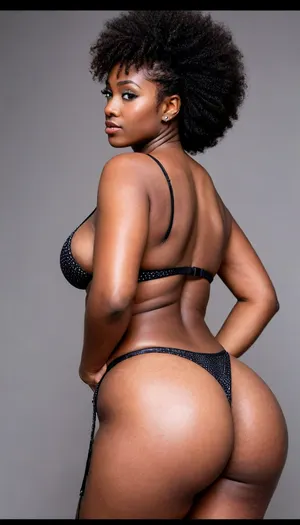 Dark skin African women, silver metallic bikini, (((black background))), (((huge))), (((low)), ((sagging)), ((side view)), ((big round ass)), ((short afro braids)), ((breasts))), melanin, <lora:sagging-000015:.7>, <lora:melanin-XL:.8>