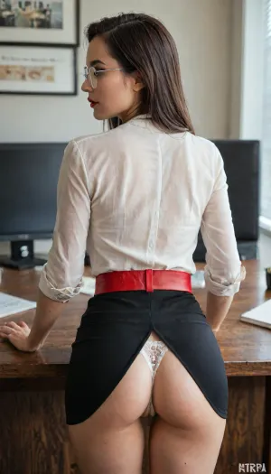 shameless, solo 1girl, crowded office, (slim body, Ultra detailed clothing, focus on clothes), (back view, from being:1.4), necklace, realistic, Sexy beautiful young woman, transparent glasses with thin metal frames, tall skinny, (red belt), (white blouse), (white crotchless panties:1.3), (black leather crotchless pants:1), ((hands on table)), bent over office table, Raw photo, tall face, dimples, very black hair, smoothed and shiny, extra detail, high facial detail, ultra eye detail, ultra hair detail, shiny well-groomed hair, neat breasts, Ultra-realistic skin, narrow waist, lipstick pale beige gloss, (detailed eyes:1.3), looking at viewer, ultra finger detailing, red lips., Mia Khalifa, bncbchmp, <lora:bncbchmp -000007:.5>, <lora:LCMTurboMix_Euler_A_fix:.8>