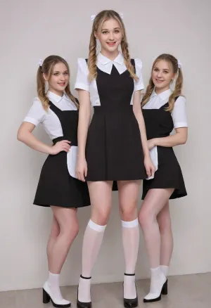 5 beautiful blondes 18 years old with ponytails, white bows, they are thin and tiny, black dress, white apron, soviet school uniform, white high boots, high heels, three blondies, small breasts, laughing, suxl, M3L0DYM4RK5, MELODY-MARKS, Sch0llg1rl, American, European, Scandic, Canadian, uniform, one black man with giant penis, he gonna fuck the girls, <lora:suxl:.8>, <lora:M3L0DYM4RK5 [vvugot1905cc735fbp19f1]:1.8>, <lora:melody-marks-xl:2>, <lora:Schoolgirl:.8>