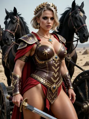 Ancient Roman Queen, curvy bbw woman, strong, muscular and powerful, 39yo, short messy blonde hair, short wavy hair, heavy dark gothic makeup, beautiful face, wearing detailed fancy brown armor decorated with gold laurels and Raman symbols, red cape, wearing a golden laurel wreath around her head, fancy antique golden jewelry rings, necklaces and earrings, holding shortsword, standing by a dark oak war chariot, roman style, pulled by 4 large black wild horses, ancient desert fantasy battlefield background, detailed realistic skin texture with imperfections and pores, detailed realistic eyes, detailed realistic hair, detailed realistic gold jewelry, detailed realistic armor, detailed realistic roman gladius short sword, photo realistic, highly detailed, detailed realistic hand and fingers