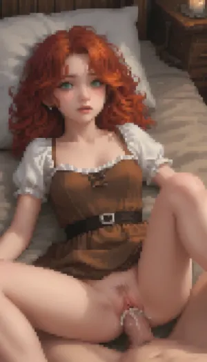 Pixel art stylized as a tired twenty‑year‑old girl, long curly red hair, green eyes, a round butt, medium breasts, wearing a brown medieval dress, in a tavern.

She is lying on a wooden bed, illuminated by a candle, with her legs spread, wearing a dress that has been lifted up, exposing her hairy pussy, from which moisture is oozing. She blushes and gets aroused, closes her eyes, moans with pleasure, opens her mouth, vaginal sex in the missionary position, the man is fucking her, the man’s penis is in her pussy, a large penis, rough sex, splashes, a wet pussy, ejaculation is flowing from the pussy.

Retro‑style pixel aesthetic, bright colours — sprite style inspired by 16‑bit graphics, pixel art., Pixel, Art, PixArFK, <lora:PixelArtRedmond-Lite64:1.8>, <lora:pk_trainer_xl_v1:1.8>, <lora:pixel-art-xl-v1.1:1.5>