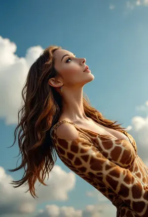 [KTA], (Dark Fantasy Artwork), artistic, low angle, elegant profile portrait, 40 yo, belle caucasian female, floating extreme long brown hair, she cosplay a giraffe, she hovering in the sky, natural beauty, /KlTTY-ART/, <lora:COMFYUI_mimic_landscape_-_XL_SDXL v2.0:.1>, <lora:MJ52:.1>, <lora:attractive_notrigger:.1>