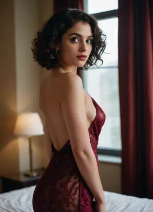35mm film photo of a softly lit cinematic scene in a dimly glowing bedroom, warm amber light spilling through sheer curtains. A beautiful charming Kurdish Afghani woman, slutty form-fitting dress, long sleek cascading black curly hair, (dark skin:1.3), cute round face, (big dark intelligent widely-set eyes), seductive smile, slender torso, narrow shoulders, slim cinched waist, curvy hips and a huge ass, petite conical tits, burgundy lipstick, winged eyeliner. The subject stands near the window. The focus is on emotion and atmosphere — longing, intimacy, and tenderness — rather than exposure. The composition feels like a movie still, with shallow depth of field, moody light, and the sense of a quiet moment between love and desire.