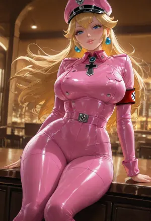 (masterpiece:1.4), best quality, absurdres, extremely detailed, (Princess Peach:1.5), long blonde hair with center triangular bang neat, blue eyes half-lidded, fair skin, soft pink lips slightly parted, elegant princess face, golden crown with red and blue jewels, voluptuous classic pin-up body with massive heavy breasts, soft thick waist, wide hips, thick thighs, (full pink leather Nazi uniform with red armband:1.5), form-fitting pink leather tunic and trousers, high stiff collar with rank tabs, polished pink leather belt and cross-strap, tall pink leather boots, iconic bright red armband with white circle and black swastika on the left upper arm, glossy leather texture that catches the light and clings tightly to the body, (smug dominant expression:1.3), raised eyebrow, half-smile, looking down at viewer, (sitting on counter:1.3), legs dangling slightly apart, one hand resting on her thigh, posture elegant and controlled, (luxury hotel room:1.2), large bed, city view through windows, elegant warm lighting, (art by sakimichan:1.3), (unreal engine 5 render:1.4), <lora:cfg_scale_boost:.8>, detailxl, <lora:detailed_notrigger:.8>, Movie, Still, Film, Cinematic, Shot, Lighting, <lora:JuggerCineXL2:.8>