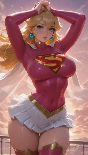 (masterpiece:1.4), best quality, absurdres, extremely detailed, (Princess Peach:1.5), long blonde hair, blue eyes, fair skin, voluptuous body, (Supergirl cosplay:1.55), tight pink suit with white cape, white skirt, pink boots, gold S shield on chest, standing with arms raised and hands clasped above her head, body in a gentle S-curve, (floating sky terrace above the clouds at sunrise:1.3), soft pink and gold light, endless sky, (art by sakimichan:1.3), (unreal engine 5 render:1.4)
