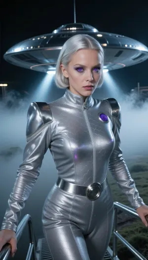 A breathtaking 35mm raw photograph of an strikingly beautiful extraterrestrial woman ascending the sleek chrome ramp above a flying saucer. The scene evokes 1950s classic science-fiction cinema with hyper-realistic cinematic realism. The saucer is a massive, polished seamless silver disc resting on a mist-covered landing site at night, casting smooth metallic reflections and a soft ethereal under-glow.

The central subject is an otherworldly, breathtakingly gorgeous alien woman with delicate, slightly unconventional facial structure—subtly elongated cheekbones, faint iridescent metallic sheen under her skin, and intense, mesmerizing violet eyes with intricate pupils that instantly reveal her non-human origins. Her hair is a shimmering platinum silver, styled in a pristine, elegant mid-century silhouette that catches the cool ambient light.

She wears a retro-futuristic sleek space suit, a form-fitting, iridescent silver-gray composite fabric with fine hexagonal weaving, metallic ribbing along the torso, and integrated brushed-aluminum accent rings. The suit displays subtle surface wear, realistic fabric tension creases, and subtle atmospheric condensation.

The macro skin rendering shows genuine unretouched human skin texture, subtle micro-pores, fine vellus hair, natural skin grain, and authentic moisture beads from the heavy surrounding fog. Shot on Kodachrome film with a vintage 85mm optical lens, f/1.8 aperture, razor-sharp focus on her striking face, atmospheric volumetric beam lights piercing through dense ground fog, deep cinematic shadows, dramatic high-contrast key lighting, authentic analog film grain, raw photo, 8k resolution.