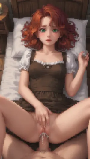 Pixel art stylized as a tired twenty‑year‑old girl, long curly red hair, green eyes, a round butt, medium breasts, wearing a brown medieval dress, in a tavern.

She is lying on a wooden bed, illuminated by a candle, with her legs spread, wearing a dress that has been lifted up, exposing her hairy pussy, from which moisture is oozing. She blushes and gets aroused, closes her eyes, moans with pleasure, opens her mouth, vaginal sex in the missionary position, the man is fucking her, the man’s penis is in her pussy, a large penis, rough sex, splashes, a wet pussy, ejaculation is flowing from the pussy.

Retro‑style pixel aesthetic, bright colours — sprite style inspired by 16‑bit graphics, pixel art., Pixel, Art, PixArFK, <lora:PixelArtRedmond-Lite64:1.8>, <lora:pk_trainer_xl_v1:1.8>, <lora:pixel-art-xl-v1.1:1.5>