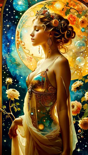 Art nouveau painting, 18 y.o. woman as primordial glass deity, hair made of smoke, forging spiral galaxies in glass orbs, full length, topless, perfect breasts, pierced nipples, bottom of painting obscures legs, Alphonse Mucha style watercolor, decorative and floral, Klimt gold ornamental accents, a, painting, of, in, the, style, Alphonse Mucha, <lora:MJ52:.8>