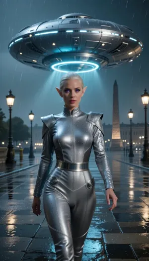 A breathtaking, authentic 35mm raw archival photograph of a strikingly beautiful extraterrestrial woman walking with a purposeful, confident stride across the vast, rain-slicked expanse of the Place de la Concorde in Paris. The scene evokes 1950s classic science-fiction cinema with raw Kodak Kodachrome film grain, subtle lens flare, atmospheric haze, and hyper-realistic photojournalistic tactile realism.

Hovering silently just a few feet above the wet pavement directly behind her is her colossal, building-sized flying saucer. The metallic starship floats motionless with seamless antigravity physics, casting a glowing ring of cyan propulsion light and smooth reflections onto the damp cobblestones beneath. The massive silver disc features visible hull panels, riveted steel trims, and subtle atmospheric condensation. In the background, ornate Parisian lampposts and the distant silhouette of the Luxor Obelisk fade into the night fog.

The central subject is an otherworldly, breathtakingly gorgeous alien woman with delicate, unconventional facial features—a broad, high forehead, subtly elongated cheekbones, elegant pointed ears, and intense, mesmerizing violet eyes with intricate pupils revealing her non-human origins. Her hair is a shimmering platinum silver, styled in a pristine mid-century silhouette that catches the cool ambient night light.

She wears a retro-futuristic sleek space suit, a form-fitting, iridescent silver-gray composite fabric with fine hexagonal weaving, metallic ribbing along the torso, and integrated brushed-aluminum accent rings. The suit displays realistic fabric tension creases, subtle surface scuffs, and fine atmospheric moisture beads.

The macro skin rendering shows genuine unretouched human skin texture, subtle micro-pores, fine vellus hair, natural skin grain, and authentic water drops from the misty air. Shot on vintage 35mm film with a professional 85mm optical lens, f/1.8 aperture, razor-sharp focus on her striking face, cinematic wide-angle background blur of the monumental plaza, dramatic high-contrast key lighting, authentic analog film grain, raw photo, 8k resolution.