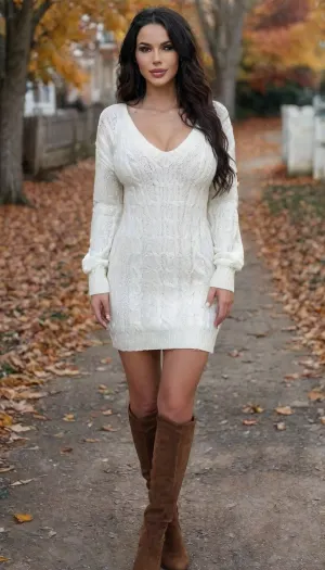 tall, slim, American female touching pussy, jet black hair, (long and wavy), massive breasts, walking, in autumn scene, park, bmbplora, white, knitted, v neck, sweater, dress, tight, brown ankle boots, front view, <lora:chest_adjust:1.9>, <lora:bimboxl_02:1.8>, <lora:BT_Knitted_Sweater_Dress_XL:.3>, <lora:v1:.8>