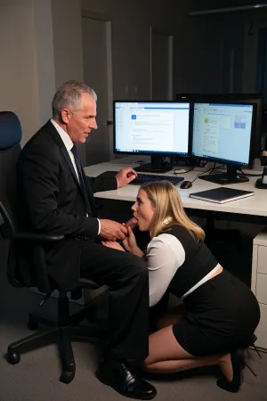 A man and a woman are in the middle of an open plan office. It is late night and the office is empty and dark. There is no one else. Around them is only darkness.
-------
The old man is sitting on a chair in front of a Desk, working and looking at the screens. His Hands are on the keyboard on the table. On the desk is a Notebook and 2 illuminated flat screens with many open windows. The, ((chubby busty figured)), blond woman is squatting beside him. The man is 70 years old, tall and dressed in an elegant black suit and black shoes. His black pants are wide open. His erected penis is visible. He has a slender muscular body. His beautiful penis is hard erected. ------
The bodacious secretary is kneeling in front of the boss. The chubby woman is sucking his penis, she is, (griping his erected penis), with one hand. Her other hand is gripping his balls. The woman is 35 years old. She is clothed, dressed in secretary's uniform. They are both fully visible. The man is looking to the screens with a smile.