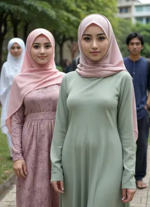 Hentai illustration in the style of Junji Ito, flowy soft fabric, modest attractive muslimah with her friend, hejab, kaftan, scarf, highly detailed face, pressed breasts, emphasize the tight nipples, body shaping clothes, nude shading, intimate, alluring, group of people in the background, around Universiti Kuala Lumpur