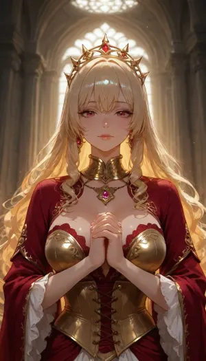 A medium shot of a regal woman with long, wavy blonde hair and a braided crown, wearing an ornate, deep crimson velvet gown. The dress features a plunging neckline, a structured corset bodice with gold filigree embroidery, and long sleeves with flowing cape-like fabric trailing behind. She wears a wide, antique gold metallic collar necklace. She stands with a poised, serene expression, hands gently clasped in front of her.

The setting is a softly blurred outdoor courtyard with neutral-toned stone architecture and muted greenery in the background. The lighting is bright, natural daylight, creating soft highlights on her skin and the texture of the velvet. The color palette is dominated by rich reds and golds against a backdrop of beige and grey. The atmosphere is one of opulent fantasy and nobility, captured in a high-detail cinematic style with a shallow depth of field., crisp vibrant detailed soft painterly digital art, volumetric lighting, natural lighting, realistic lighting, vibrant colors, crisp oil painting, painterly realism, depth of field, subtle soft details, vivid, fresh, striking