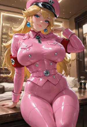 (masterpiece:1.4), best quality, absurdres, extremely detailed, (Princess Peach:1.5), long blonde hair with center triangular bang neat, blue eyes half-lidded, fair skin, soft pink lips slightly parted, elegant princess face, golden crown with red and blue jewels, voluptuous classic pin-up body with massive heavy breasts, soft thick waist, wide hips, thick thighs, (full pink leather Nazi uniform with red armband:1.5), form-fitting pink leather tunic and trousers, high stiff collar with rank tabs, polished pink leather belt and cross-strap, tall pink leather boots, iconic bright red armband with white circle and black swastika on the left upper arm, glossy leather texture that catches the light and clings tightly to the body, (smug dominant expression:1.3), raised eyebrow, half-smile, looking down at viewer, (sitting on counter:1.3), legs dangling slightly apart, one hand resting on her thigh, posture elegant and controlled, (luxury hotel room:1.2), large bed, city view through windows, elegant warm lighting, (art by sakimichan:1.3), (unreal engine 5 render:1.4), <lora:cfg_scale_boost:.8>, detailxl, <lora:detailed_notrigger:.8>
