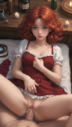Pixel art stylized as a tired twenty‑year‑old girl, long curly red hair, green eyes, a round butt, medium breasts, a tired face, she’s looking at the camera, wearing a brown medieval dress, in a tavern.

She is lying on a wooden bed, illuminated by a candle, with her legs spread, wearing a dress that has been lifted up, exposing her hairy pussy, from which moisture is oozing. She blushes and gets aroused, closes her eyes, moans with pleasure, opens her mouth, vaginal sex in the missionary position, the man is fucking her, the man’s penis is in her pussy, a large penis, rough sex, splashes, a wet pussy, ejaculation is flowing from the pussy.

Retro‑style pixel aesthetic, bright colours — sprite style inspired by 16‑bit graphics, pixel art., Pixel, Art, PixArFK, <lora:PixelArtRedmond-Lite64:1.8>, <lora:pk_trainer_xl_v1:1.8>, <lora:pixel-art-xl-v1.1:1.5>