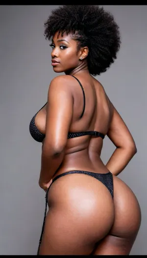 Dark skin African women, silver metallic bikini, (((black background))), (((huge))), (((low)), ((sagging)), ((side view)), ((big round ass)), ((short afro braids)), ((breasts))), melanin, <lora:sagging-000015:.7>, <lora:melanin-XL:.8>