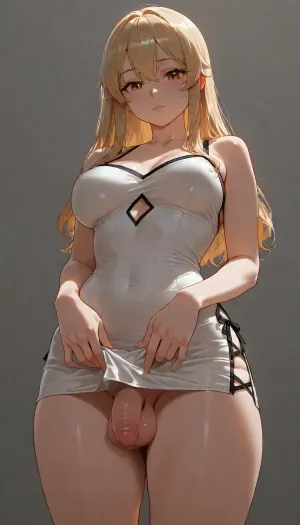 Digital illustration of two futanari feminine individuals with masculine genitalia, small flaccid penises and Testicles visible under cloth, posing close together against a solid dark gray background. On the left, a woman with long, flowing brunette hair and amber eyes wears a short, tight white slip dress, lifting the hem slightly. On the right, a woman with long blonde hair and amber eyes wears a tight black mini-dress with thin straps and a small keyhole cutout at the chest. Both have stylized, glamorous facial features with bold makeup and pink lips. The composition is a medium shot, focusing on their figures from the head down to the mid-thigh. Lighting is soft and directional, creating subtle highlights on their skin and the fabric of their dresses. The color palette is dominated by high contrast, white and black clothing against a dark neutral void, accented by warm skin tones and golden hair. The style is a polished, modern digital art aesthetic with smooth shading and clean lines.