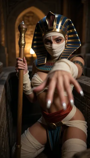 This dynamic low-angle view, front-shot photograph features a candid, analog quality photography. The central subject is a young adult petite of Egyptian heritage, shallow depth of field, forground out of focus and blurry, strong foreground distortion, approximately 50mm lens at f/1.4–f/2, focus on the eyes and tombs walls dissolve into defocus bokeh blur. The photograph is shot with a wide aperture, resulting in a shallow depth of field and a bokeh effect in the background.The scene is in chiaroscuro lighting, creating deep shadows and luminous shimmery highlights, The lighting is moody and dramatic, featuring a primary source of a warm torch light streaming from a distant source, casting a soft highlight across her torso and face while leaving the rest of her body and set swathed in deep shadows.Hyperrealistic, solo, The glowing eye provide a small, bright focal accent.The composition is centered, with the girl framed by a an ancient detailed Egyptian open Sarcophagus in a big tomb, heavy out of focus, creating intense depth., ((She is captured in a dynamic, animalistic and creeping move in a open Sarcophagus, body coiled and twisted, hips raised, back arched, legs bent like a panther about to spring on viewer.)), The head is bowed forward and facing the viewer.she has shimmery long white stiletto nail tips.An arm reaches out toward the viewer. Her body and face are tightly wrapped in aged cream-colored bandages with dark sepia lines and folds, narrow glowing yellow eyes peer through the facial wrappings. She wears an oversized detailed dark teal and bronze Egyptian Tutanchamun headdress with horizontal gold bands and small circular ornaments, plus a rust-red waist wrap.She is holding a long richly decorated golden-wooden staff.
A dim, shadowy interior with a warm brown background and a softly textured, aged-stone or earthen appearance. soft ambient brown light and gentle gradients give the scene a cinematic, moody quality. The oversized headdress dominates the upper portion while the exaggerated foreground perspective makes the lower torso appear especially prominent. The figure should feel like a dangerous presence inhabiting the space rather than posing for the camera, masterful and breathtaking picture. creating a atmospheric aesthetic, intimate vertical composition, creating a serene, 8k resolution, photorealistic