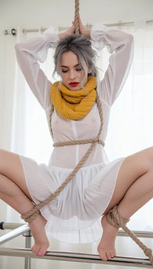 a woman with an oval face, high protruding cheekbones, and almond-shaped eyes with heavy-lidded, half-closed lids. Her lips are a bold, matte red with a sharp Cupid's bow, and her voluminous, messy silver-grey hair cascades over her forehead. She wears a thick, chunky yellow knit wool scarf around her neck and a sheer white silk chemise with a full A-line skirt. She is locked in a Tiptoe Submission position against a white studio background. Her hands are bound behind her back and elevated to a ceiling anchor via thick hemp rope, forcing her to balance on her tiptoes. Her ankles are bound to a wide metal spreader bar, pulling her legs far apart and exposing her pussy through the sheer silk. A rope wraps around her torso, cinching her elbows tight behind her back and arching her ass backward. The lighting is bright and elegant, casting soft shadows and highlighting the tension in her calves and the vivid yellow of the scarf.