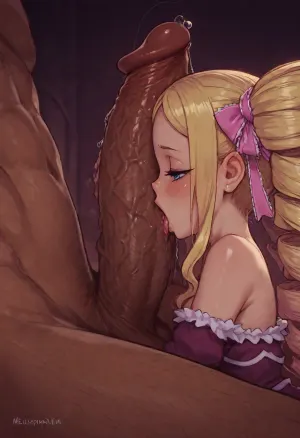 (Melkor mancin:1.6), (Beatrice from re-zero, (petite)), cock licking, massive cock, (size difference:1.4), side view