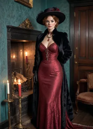 beautiful sexy slender 40 year old flame woman, big breasts, good hands, perfect fingers, dressed in 1900's dark red long dress, black fur coat half open, ruby necklace and earrings, black wide brim hat, candles on walls standing in a victorian station waiting room, teal walls small fireplace log fire burning, she is looking out of a window, (hkstyle), <lora:hkstyleV5:.8>, 1880_dr3ss, 1890_dr3ss, 1900_dr3ss, 1905_dr3ss, 1910_dr3ss, Fortuny, <lora:Belle_Epoque_Dresses_1880-1914_XL:.8>