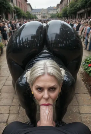 Pov blowjob on all fours, (massive oversized butt visible from behind:1.5), obese 60 yo bbw old granny, outdoor in living public garden, a sidelong, haughty glance, a hostile slutty face, (oiled glossyshiny skin:1.24), (black transparent latex Leggings:1.4), lace gloves, (black transparent latex leggings:1.3), (stiletto heels:1.2), large saggy natural tits, (blonde hair in bun:1.2), necklace, (burgundy polka dot mini dress:1.4), (cellulite), huge natural sagging breasts under bra, lots of cleavage, cum on tits, cum on clothes, (cum on clothes:1.3), (facial bukkake), (ruined vulgar makeup:1.3), thin shoulders, (perfect pov blowjob, deepthroat to man in business suit:1.4), (chain collar), perfect background, (surround crowd of people:1.2), cum, arching4s, pov_deepthrt, deepthroating, a, man's, penis, blsdp, <lora:detailed_notrigger:2>, <lora:MS_Real_XL_Bukkake:2>, <lora:arching4s:2>, <lora:LeggingsXL_-_Latex.ID:2>, <lora:concept_pov_dt_xl2-000020:2>