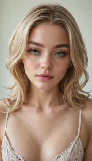 Photorealistic close-up portrait, young woman, slim oval face, fair smooth skin, soft narrow jawline, large grey-green almond eyes, long dark lashes, thin naturally arched brows, small straight nose, full pale-pink lips, long straight dark-blonde/light-brown hair with blonde highlights, center/side part, subtle makeup, realistic pores and fine hairs, natural daylight, 85mm lens, shallow DOF, lifelike proportions, ultra-detailed 8K.
