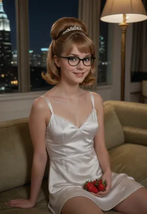 (masterpiece, best quality, high resolution, photorealistic, cinematic lighting), 1 young woman, white skin, (sitting demurely on a couch), very cute, happy smiling face, (strawberry-blonde hair), medium length hair, (beehive haircut), skinny, short waist, petite, glasses, (wearing a short white silk nightgown in the style of the 1960s), (1960s style:1.5), in an extravagant penthouse, marble floors and decorations, couches, chairs, windows looking over a city skyline, midnight, stars, moonlight, <lora:ahxl_v1:.6>