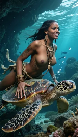 ultra photorealistic cinematic underwater ocean photograph, smiling adult African woman, 28 years old, topless, firm tits, highly detailed ultra long erected nipples, moving in absolute meditative silence through a vast turquoise ocean while being gently pulled forward by a large sea turtle, strict lateral profile, turtle clearly leading and woman trailing directly behind on the same horizontal axis, one arm fully extended forward, fingers firmly curled over the hard lateral rim of the turtle’s carapace well behind the head, detailed happy face, second arm stretched backward close to her body, entire body elongated into one calm streamlined line, long dark hair, carved bone beads, wooden ornaments, necklaces and loose woven fabric elements streaming backward together through the water, serene focused face, open dark brown eyes looking forward, mature sculpted features, handcrafted traditional clothing made from weathered leather, woven plant fibers, beadwork, bone and wood, extraordinary material realism, every wooden bead showing grain, scratches, worn edges and tiny imperfections, aged leather with pores, creases and water darkening, plant fibers visibly softened by water, exceptionally realistic dark sun bronzed skin with visible pores, peach fuzz, tiny scars, faint pigment variation, natural unevenness, subtle goosebumps and a soft aquatic sheen, intricate hand tapped geometric tattoos sitting naturally within the skin, majestic sea turtle rendered with extreme anatomical precision, richly weathered shell, layered scute texture, algae traces, translucent wet highlights, realistic eye, leathery head and powerful flippers, deep three dimensional underwater environment, blurred foreground coral and vegetation creating natural framing, razor sharp woman and turtle in the middle plane, immense reef landscape falling away behind them into multiple depth layers, nearby rocks highly detailed with algae, coral growth, sediment and rough mineral texture, distant formations progressively disappearing into deep teal and almost black aquatic haze, strong natural light absorption with depth, very deep shadows inside reef crevices, brilliant turquoise and cyan highlights near the surface, saturated teal midtones, dark blue green shadows, strong but realistic local micro contrast, luminous caustic patterns moving across skin, shell, jewelry and stone, narrow volumetric sunbeams cutting through suspended particles, tiny bubbles rising, distant fish schools partially disappearing into atmospheric depth, deliberately underexposed by two stops, deep blacks without crushed detail, restrained highlight rolloff, matte realistic surfaces, cinematic dynamic range, 24mm full frame underwater photography, subtle optical falloff, fine analog grain, extremely high micro detail, atmospheric depth, monumental scale, immersive underwater stillness, rich saturation, powerful contrast, photorealistic documentary quality