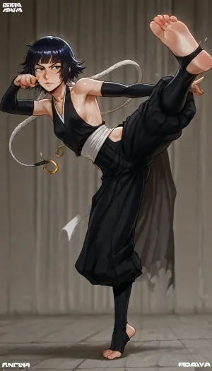(Andava:1.6), (sui-feng from bleach), solo, perfect feet, standing, kicking, side kick