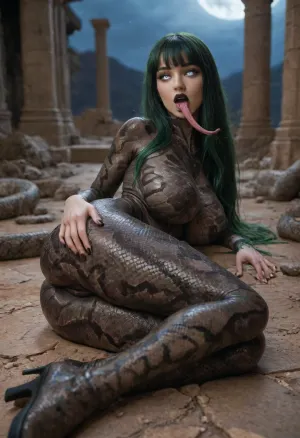 solo woman, front view, full body, evil woman, very skinny, covered massive breasts, green hair, straight hair, (bangs:1.1), long hair, snake eyes, (white eyes:1.7), no pupils, no iris, demonic eyes, (demonic), wearing makeup, (thick eyeliner), black lipstick, long fingernails, black fingernails, mouth open, (sticking out tongue), (long tongue:1.1), dark snakeskin, (snakeskin bodysuit:1.4), snakeskin boots, ((laying flat)), (laying on side:1.4), legs crossed, (night time:1.5), sandstone walls, ruins, desert