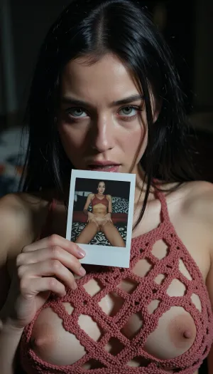 (Full view:2), A close-up, high-quality of a young woman with straight long black hair, looking directly into the camera with an intense and slightly melancholic expression. Her light-colored eyes are fixed on the viewer. She is holding a small, square nude autoportrait instant polaroid photograph, (shows her lying on a patterned bedspread, hands positioned on her pubic area), between her lips. The lighting is moody and dramatic, with a focus on her face, creating a soft glow around her features while the background fades into deep shadow. She wears a burnt rose crocheted halter mesh top, (mesh top:1.9), (top grid:1.9), (transparent top:3), (Areola exposed:2), (open-knit texture:1.9), (((crocheted see through top:1.9))), (Her breasts in a top:1.5), (woman wears inesh top:2), (her the tits is covered by a wear:2), (breasts half covered:1.9), (tits covered:2), The style is reminiscent of stylized digital character art, capturing a cinematic and intimate moment with realistic textures on skin and hair, amateur aesthetic, high detail, sharp focus, atmospheric lighting.