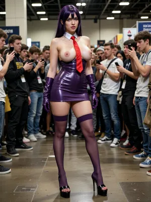 realistic skin, full body, a tall beautiful exhibtionistic 22 year old woman with long dark purple hair at a cosplay convention, she is karryn from karryn's prison, blue eyes, beautiful puffy lips, toned body and legs, sexy toes, toned round ass, very curvy body, (massive natural tits:2), pointy errect nipples, she is wearing a dark purple strapless latex dress, a red necktie ending between her tits, long dark purple latex gloves, dark purple footless latex stockings, 16 inch platform high heels slip in sandals with stiletto heels, she is already surrounded by a huge group of nerds taking pictures from her