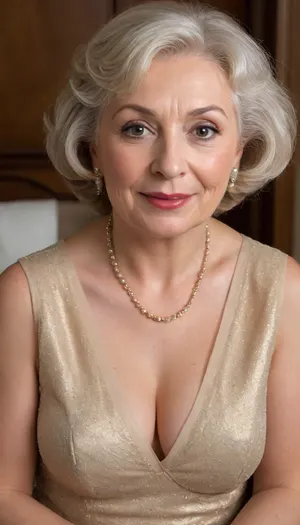 Natural, classy, (busty:1.6), (extremely elderly grandma:1.9), (extremely aged woman:1.9), (chubby:1.4), (curvy:1.3), huge tits, The image shows a well-dressed, middle-aged woman with a confident yet friendly expression, slightly seductive smile, looking directly at the camera, She is wearing a modest confident light burgundy suit — a blazer and matching skirt — with a light-colored top underneath. Her hair is neatly tied back, and her makeup is natural and subtle, Black fishnet stockings, matching stiletto heels, The background appears to be an elegant indoor setting, likely an office or hotel, with plants and wooden doors visible, The overall impression is professional, refined, and sophisticated, (((taking dress off:1.9))), Arousing exhibiting pose, score_9, score_9_up, 4K, UHD, photorealistic, ultra high quality, ultra high resolution, coming close to viewer, zooming, Stronger photographic realism, authentic Kodak or Polaroid film aesthetic, natural film grain, realistic color reproduction, genuine analog film texture, subtle film imperfections, authentic light response, natural exposure and contrast, lifelike skin tones, as if captured on real film with a high-quality camera, (no artificial filters, CGI appearance, or digital over-processing), (portrait close-up:1.9)