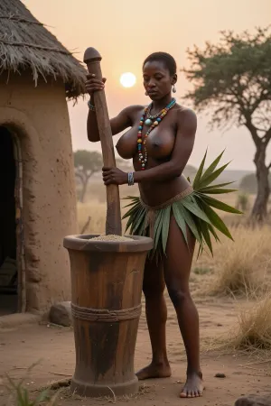 A photorealistic scene of early morning in a traditional African village. A young African woman with a slender build and large breasts stands barefoot near a round clay hut with a conical thatched roof. She wears only a short skirt made of palm leaves, her breasts are completely bare. Around her neck are several strands of large, multicolored beads. With both hands, she holds a large, heavy wooden pestle, (omo odo), grinding grain in a tall wooden mortar, (odo), . In the background is the savanna at dawn, with the low-hanging golden-orange sun, long, soft shadows, light dust in the air, dry grass, and sparse acacia trees. Natural cinematic lighting, high detail in the skin and anatomy, as well as in the textures of the leaves, trees, and beads, realistic proportions, and depth of field.