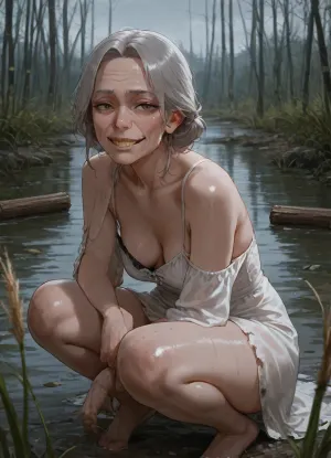 masterpiece, best quality, absurdres, newest, highres, very aesthetic, 1girl, solo, mature female, adult, elderly woman, old woman, wrinkled skin, yellow teeth, clear eyes, grey hair, thin body, small breasts, squatting, ragged dress, bare feet, dirty hands, wooden vat, black water, swamp, black pond, reeds, overcast, looking at viewer, sharp eyes, neutral, not smiling, cowboy shot, detailed face, cinematic lighting