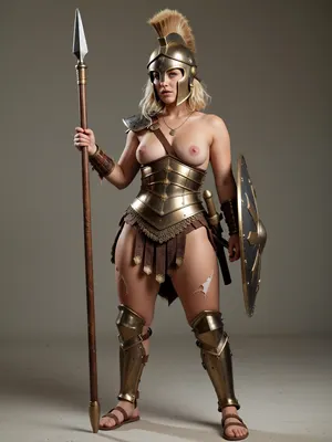 the woman is a hoplite warrior, short blonde hair, messy wavy hair, small natural breasts, sagging breasts, torn bronze, realistic pussy, very chubby figure, one breast is exposed by cross-chest bronze breastplate, (messy detailed hair), 1girl, bronze helmet, ancient spartan, ancient warrior, (bronze armor), ancient greek helmet, bronze spear, ((bronze-plate thigh-high sandal-straps)), wearing linothorax bronze greaves, thigh-high sandals, spear, hoplite, female, weapon, shield, helmet, shoulder, armor, loincloth