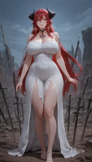 She has an overall slender, graceful build with long proportions. Her very long, straight auburn hair is center-parted and falls smoothly down her back, potentially reaching her waist. Her head is relatively small and delicately proportioned, with the oval face, pale freckled complexion, large blue-green/gray-green eyes, refined nose, and naturally full pink lips visible in the original portrait.
Her neck would be slender and moderately long, flowing into narrow, gently rounded shoulders. Her arms would appear slim and proportionate, with lightly defined elbows, narrow wrists, and delicate hands with long, tapered fingers.
Her torso could reasonably be envisioned as lean and softly feminine, with a relatively narrow ribcage and naturally defined waist. Rather than an exaggerated hourglass shape, the proportions would remain subtle and realistic—slender through the middle with gentle curves through the hips.
Her hips would be moderately wider than her waist, transitioning into long, lean legs. The thighs would have a soft natural contour rather than pronounced muscular definition, gradually narrowing toward the knees. Her lower legs would be slender with gently shaped calves, fine ankles, and proportionate feet.
From head to toe, the strongest visual impression would be long, slender and delicate, with the extraordinary length of her auburn hair reinforcing the vertical lines of her figure. Her fair, lightly freckled complexion would remain consistent across exposed skin.
For clothing matching the original portrait, she could wear a simple flowing white outfit—such as a lightweight white top with fitted trousers or a casual white dress—keeping attention on her auburn hair and facial features rather than the clothing.
Overall, the imagined full-body appearance would preserve the portrait's defining aesthetic, long auburn hair, fair freckled skin, striking pale eyes, delicate facial features, slender proportions, narrow waist, softly curved hips, long legs, and an understated natural appearance., GiganticBreatsXL, gigantic, breasts, huge, <lora:GiganticBreastsXLv1:.8>, sggirl, emo, tattoo, cold, lighting, blue, hair, red, purple, <lora:SG_emo_girl_SDXL:.8>, 3D, M3d13v4l, C4stl3, cliff, stone, turret, fog, sky, <lora:3D_Medieval_Castle:.8>