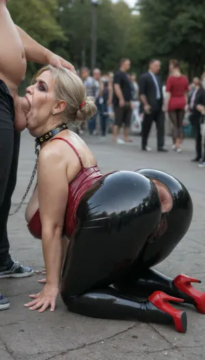 Frontal side view, 60 yo bbw obese granny, outdoor in living public park, a sidelong, haughty glance, a hostile slutty face, a half-side look of squeamishness, (gilf), (oiled glossyshiny skin:1.24), (black transparent latex Leggings:1.4), (crotchless:1.27), lace gloves, (big labia cameltoe:1.6), (gaping vagina:1.2), (gaping anus:1.3), (black transparent latex leggings:1.3), (stiletto heels:1.2), large saggy natural tits, (blonde hair in bun:1.2), necklace, (burgundy polka dot mini dress:1.4), (cellulite:1.4), huge natural sagging breasts under bra, lots of cleavage, cum on tits, cum on clothes, (cum on clothes:1.3), (facial bukkake), (ruined vulgar makeup:1.3), (on all fours, assup, massive butt up, head down, focus on massive big butt:1.4), thin shoulders, (perfect blowjob, deepthroat to 4men in business suit:1.4), (chain collar:1.8), perfect background, crowd of people, cum, arching4s, woman, sucking, a, cock, <lora:detailed_notrigger:2>, <lora:MS_Real_XL_Bukkake:2>, <lora:arching4s:2>, <lora:LeggingsXL_-_Latex.ID:2>, <lora:WTS - WhatTheSuck - v1:2>
