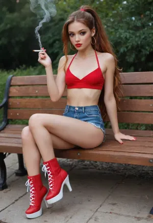 masterpiece, best quality, maximum details, natural light, extreme realism, cinematic still, Young, (petite body:1.9), a lot body freckles, ginger, (very small breasts), (straight long hair), Small, babe, crossed legs, (makeup, red lipstick, black mascara, black eyeshadow), (long red manicure nails), (wearing an extremely short denim miniskirt, red crop top), (very skinny waist), (holding a cigarette in one hand), frontal view, cute, in a private garden, sitting on a wooden bench, highly detailed, morning light, detailxl, (red high-heel pleaser-800sk-flamingo platform boots), extra small hips, full body, narrow waist, very detailed eyes, big expressive eyes, wide open eyes, (ice blue eyes), eye contact, facing viewer, hdr, blush, long ginger hair, hair in high ponytail, extremely beautiful, large hoop earrings, big lips, (small extremely round buttocks:1.3), extremely tight butt, Aesthetic, Nail, eyes, blue, perfecteyes, longnips, <lora:Aesthetic_Nails:2>, <lora:PerfectEyesXL:1.8>, <lora:longnipsxl:.8>, Flamingo-800sk, High, heels, Sneaker, Stripper, <lora:Pleaser_flamingo-800sk_red-000017:.8>, smoking, smoke, coming, out, of, the, mouth, <lora:Smoking_Babes_XL_V2:.8>