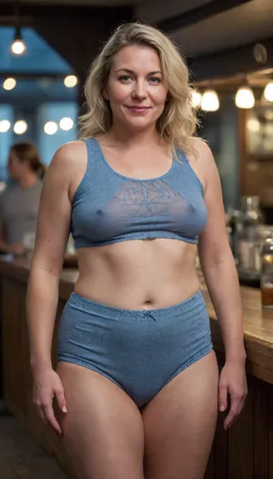 braless, a portrait of a 45 y.o mature russian woman, wearing a textured crop top, standing in a bar in the city night, (Thigh gap:1.3), natural skin, fine skin details, bokeh, 50mm, motion blur, The perspective should be from a slight angle, capturing her full figure as well as the expansive, (obese:1.1), ((Full cellulite beautiful thighs)), . xbmyr, <lora:bralessSDXL_v1_00022:.8>, <lora:Saggy_Hellhound_Lady-000006:.8>, (style), blonde, wrinkles, jewelry, long, hair, short, smiling, 1girl, blue, eyes, <lora:Older_woman-000008:.8>