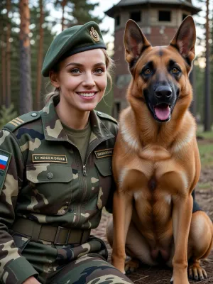 An exceptionally detailed photograph of a beautiful female officer in the Russian Border Guard Service with an extraordinarily expressive, warm, and realistic gaze. She has beautiful, wide-open eyes and an expressive face. She smiles naturally as she poses for an interview titled “Me and My German Shepherd.” Seated next to her is a flawless, anatomically correct purebred German Shepherd, positioned perfectly, symmetrical front paws, a powerful, well-proportioned chest, and realistic muscle definition that meets breed standards. The woman is wearing a modern military camouflage uniform and a green beret. The skin texture is flawless, with sharp focus on the faces of the woman and the German Shepherd, and cinematic, natural “golden hour” lighting. The background is blurred, featuring a pine forest and a watchtower, a realistic, high-resolution photo.
